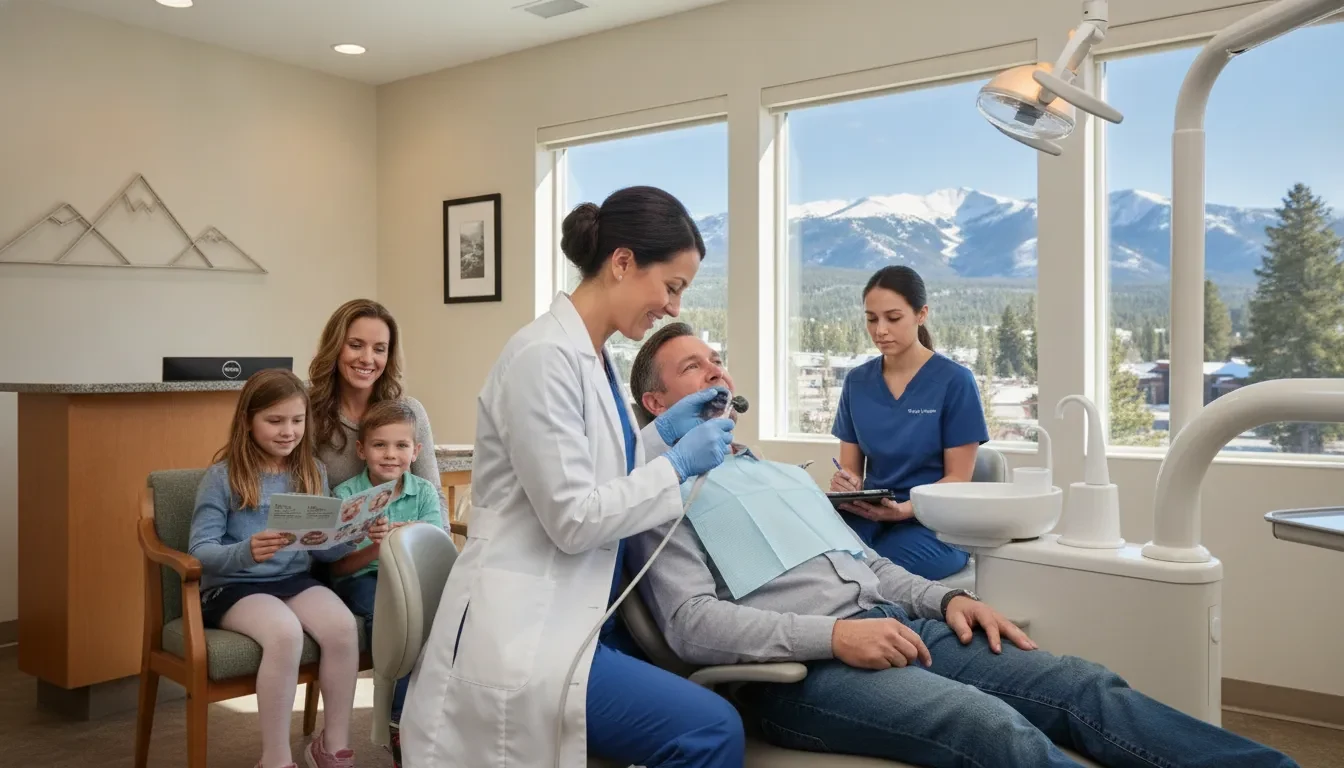 A dental checkup in a treatment room with a mountain view