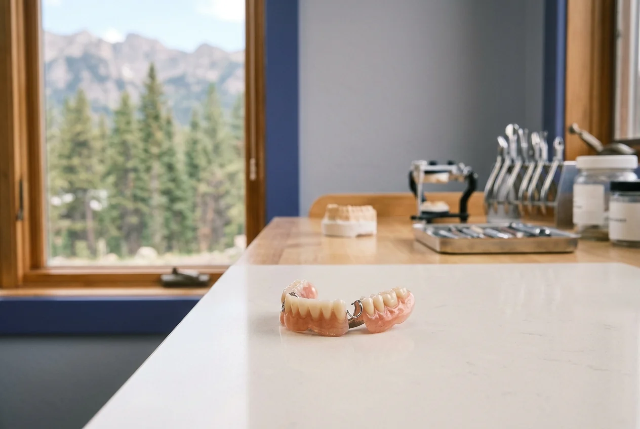 A partial denture on a laboratory counter