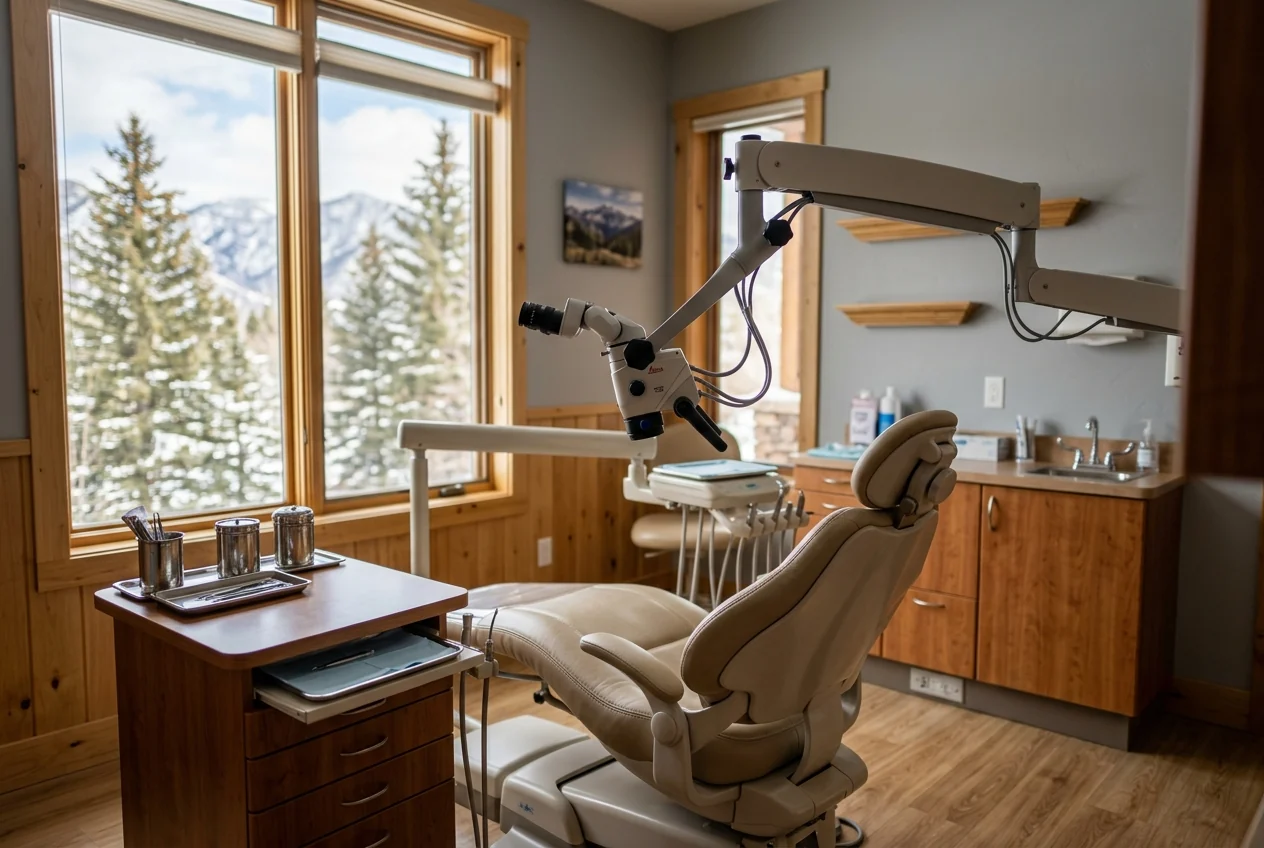 A dental operating microscope over the treatment chair