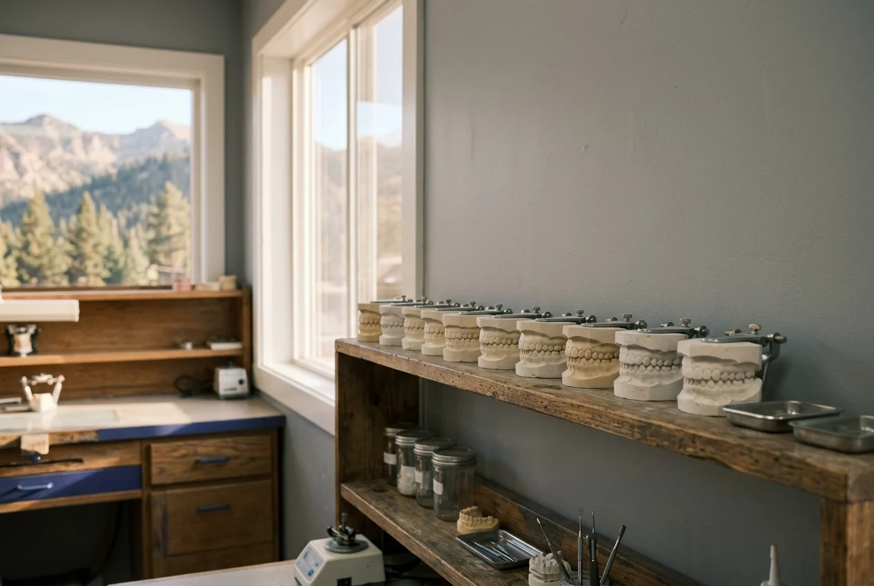 Stone dental models on a laboratory shelf